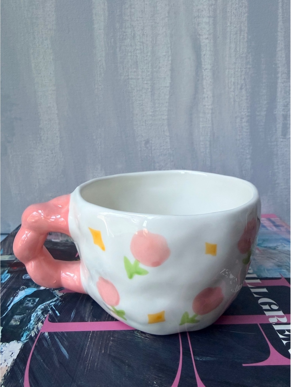 Vintage Pink Tulip Mug Japanese Kawaii Ceramic Cup Floral Cottagecore